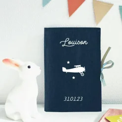 Les Griottes Protège carnet de santé en lin Bleu pétrole (personnalisable)