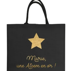 Sac cabas noir pour adulte en toile de jute (personnalisable) Cadeaux Maman
