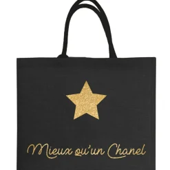 Sac cabas noir pour adulte en toile de jute (personnalisable) Cadeaux Maman