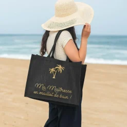 Sac cabas noir pour adulte en toile de jute (personnalisable) Cadeaux Maman