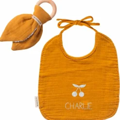 Set de naissance Bavoir et anneau de dentition Jaune moutarde (personnalisable) Coffret Cadeau Naissance