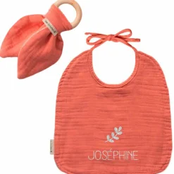 Les Griottes Set de naissance Bavoir et anneau de dentition Rose (personnalisable)