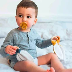 Les Griottes Set de naissance Doudou ballon et anneau de dentition Bleu pétrole (personnalisable)