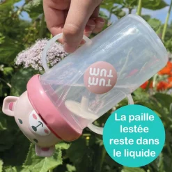 TUM TUM Tasse antifuite avec paille lestée Ours Rose (300 ml)
