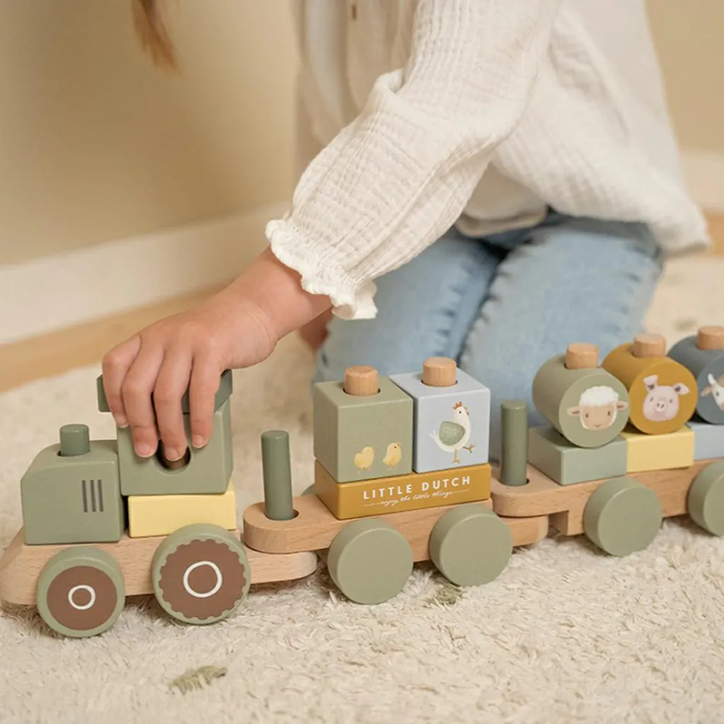 Little Dutch Train à blocs en bois tracteur Little Farm